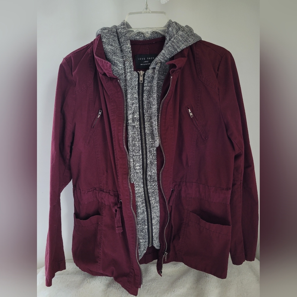 Love Tree Burgundy Jacket with Gray Hoodie